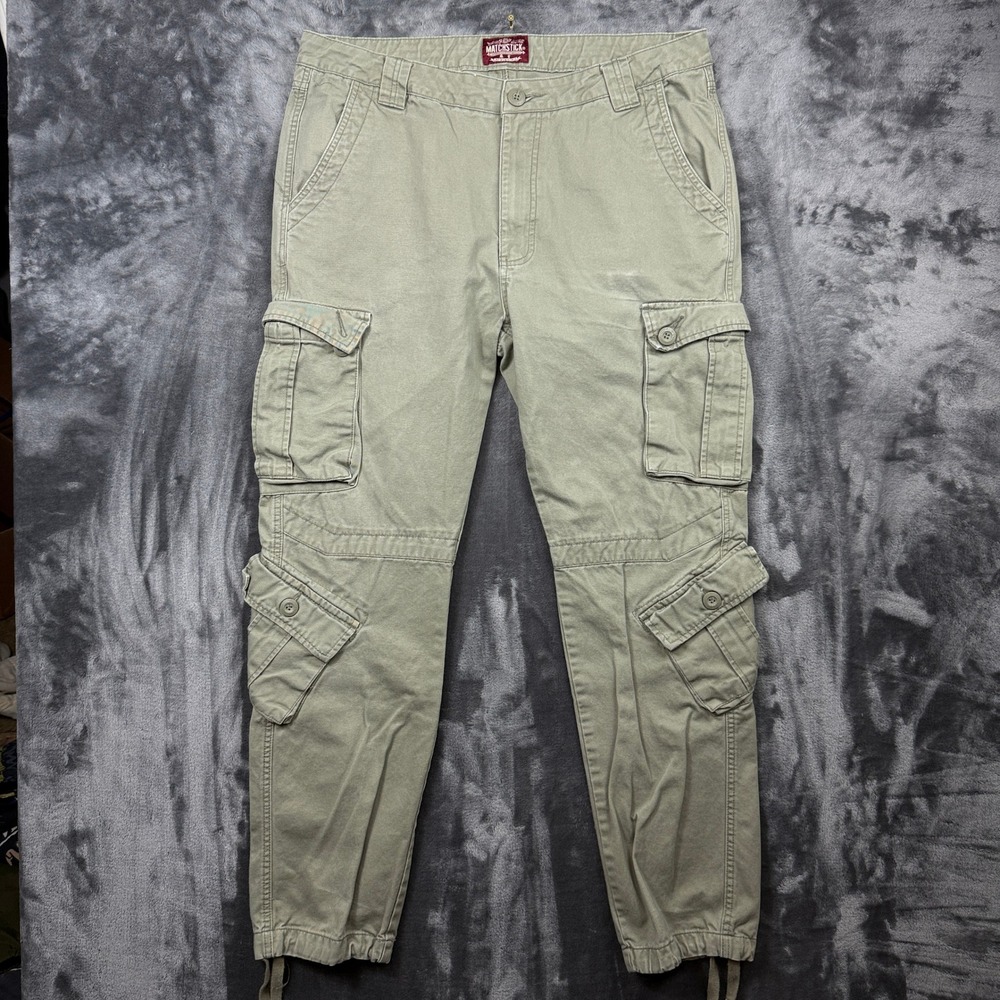 Matchstick Cargo Pants Mens 38 Olive Green Multi-Pocket Utility Twill Trousers